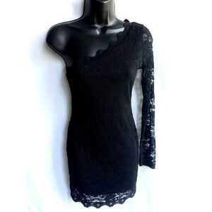Love Culture Little Black Dress Lace Overlay sz S One Shoulder Lacy Witchy Sexy